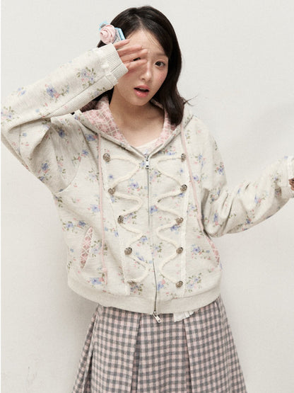 [RF] Vintage Floral Waffle Knit Hoodie Cardigan with Gingham Lining