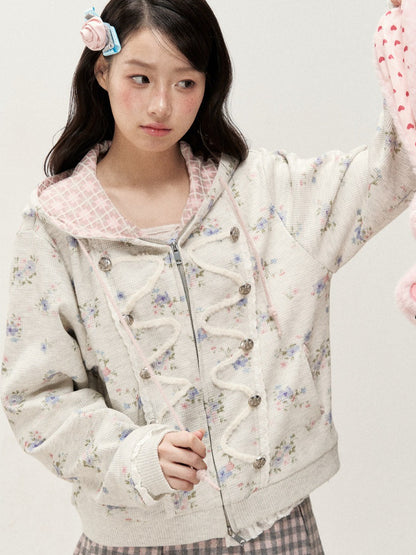 [RF] Vintage Floral Waffle Knit Hoodie Cardigan with Gingham Lining