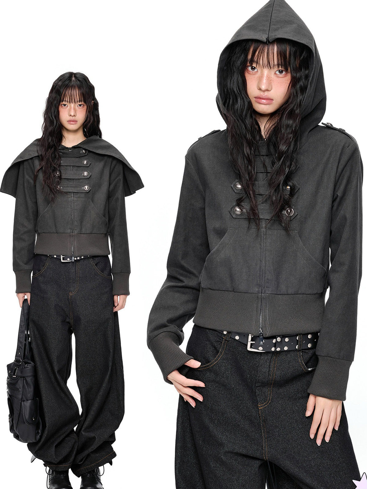 EZEK | Cropped Hooded Sweatshirt Jacket with Double Metal Snap Closure (Black / Gray)