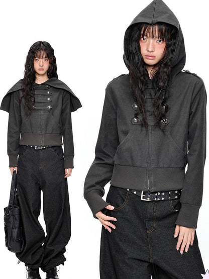 EZEK | Cropped Hooded Sweatshirt Jacket with Double Metal Snap Closure (Black / Gray)