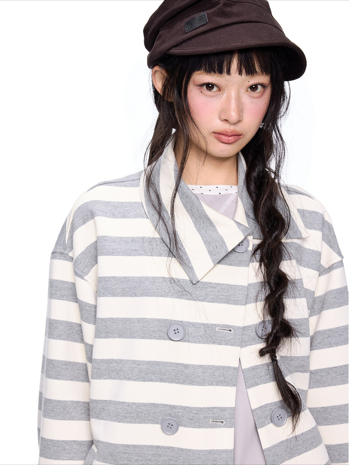 EZEK | Striped Asymmetrical Collar Cardigan Sweatshirt with Double-Breasted Buttons