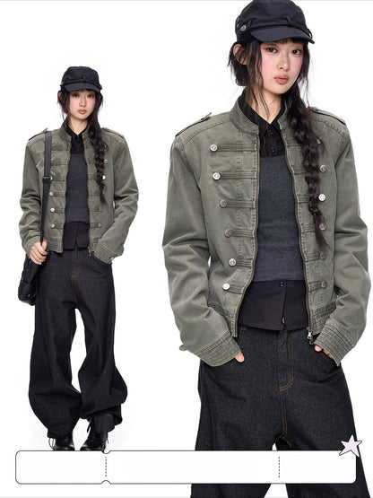 EZEK | Vintage Washed Denim Jacket with Hood and Double-Breasted Buttons (Military Green / Heather Gray)