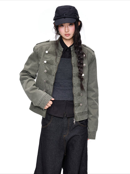 EZEK | Vintage Washed Denim Jacket with Hood and Double-Breasted Buttons (Military Green / Heather Gray)