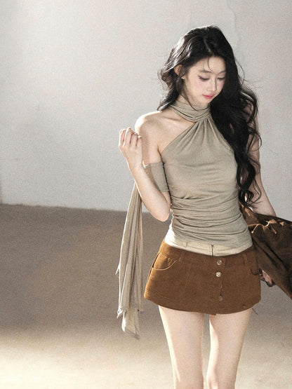 AOMALM - Halter Neck Off-Shoulder Cropped Tee in Milk Tea