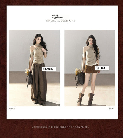 AOMALM - Halter Neck Off-Shoulder Cropped Tee in Milk Tea