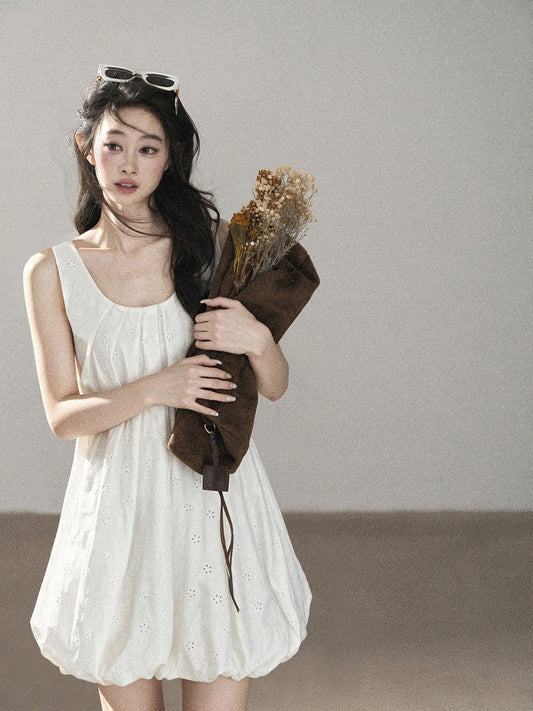 AOMALM - One-Shoulder Bow Dress with Cutout Embroidery Detail