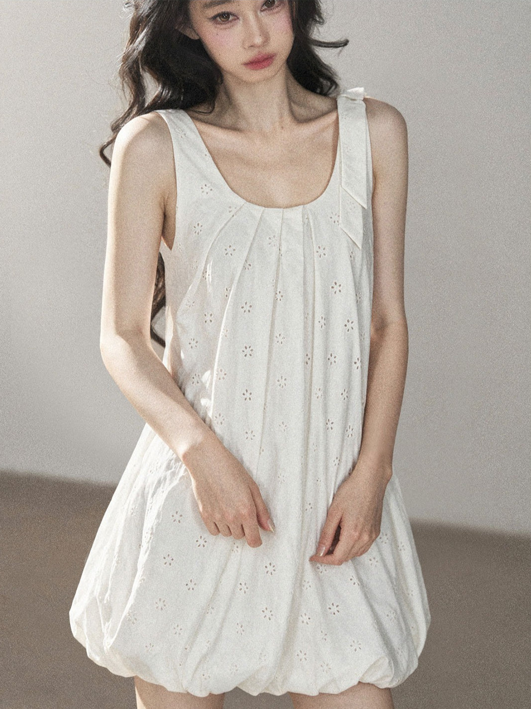 AOMALM - One-Shoulder Bow Dress with Cutout Embroidery Detail