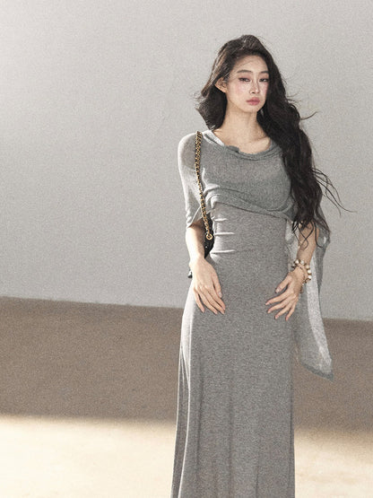 AOMALM - French-Inspired Two-Piece Maxi Dress Set with Layered Cape Overlay
