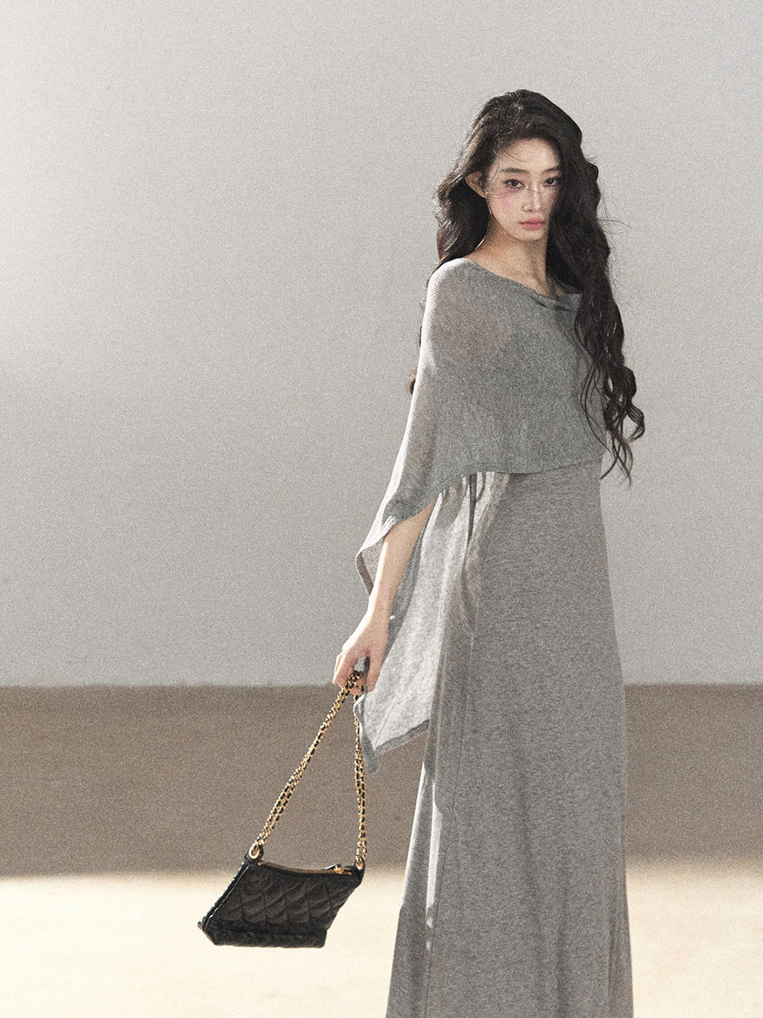 AOMALM - French-Inspired Two-Piece Maxi Dress Set with Layered Cape Overlay