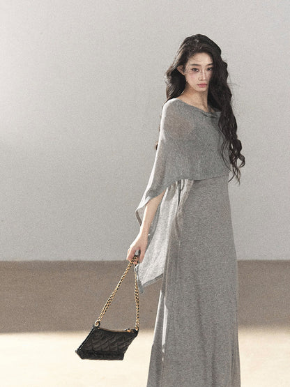 AOMALM - French-Inspired Two-Piece Maxi Dress Set with Layered Cape Overlay