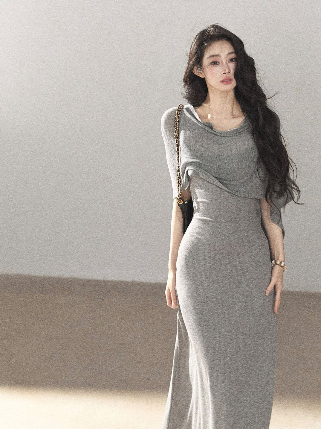 AOMALM - French-Inspired Two-Piece Maxi Dress Set with Layered Cape Overlay