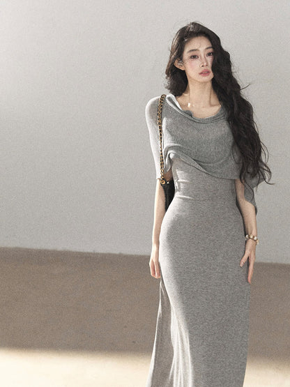 AOMALM - French-Inspired Two-Piece Maxi Dress Set with Layered Cape Overlay