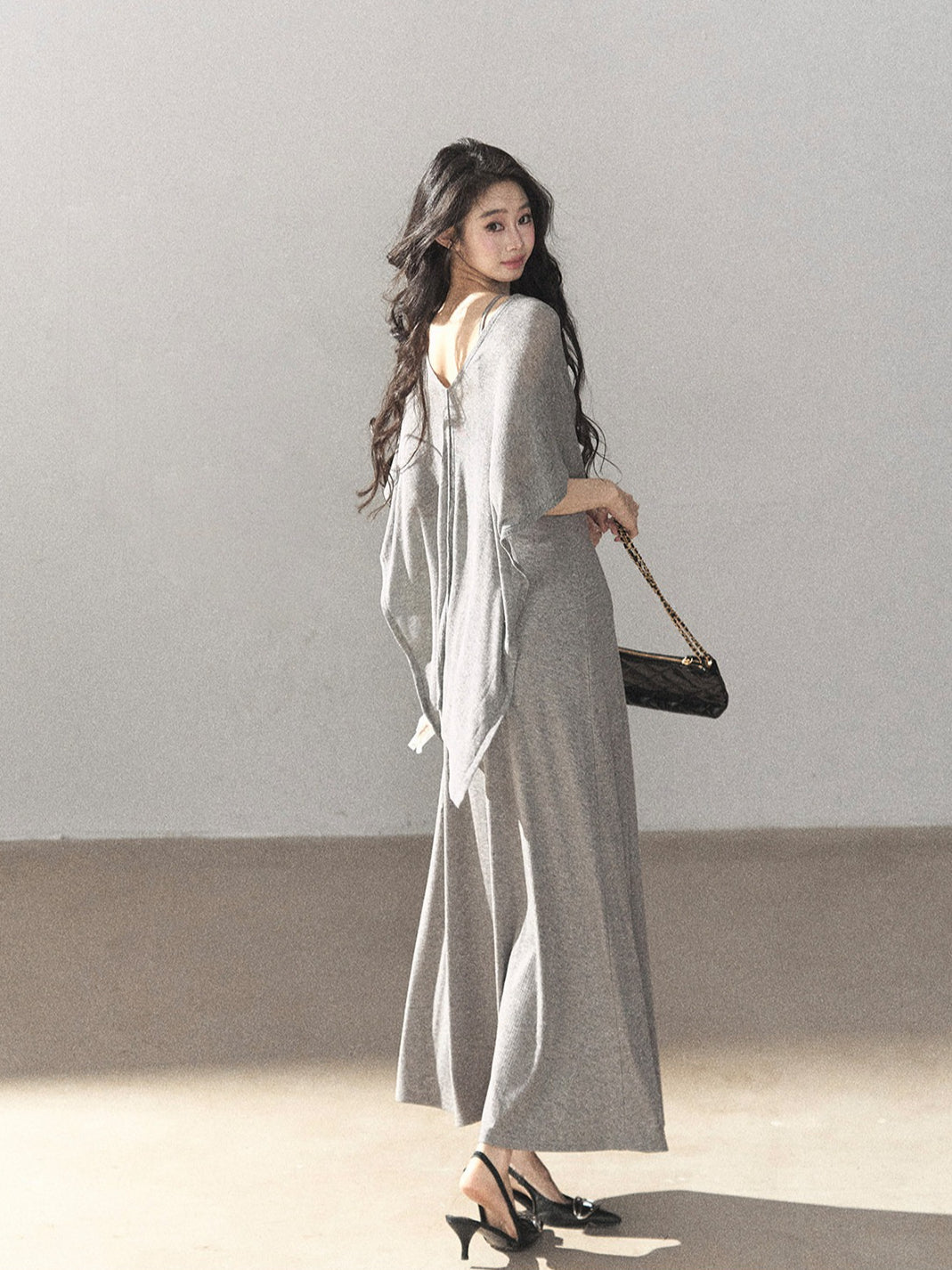 AOMALM - French-Inspired Two-Piece Maxi Dress Set with Layered Cape Overlay