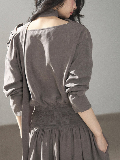 AOMALM - Gray-Purple Pleated Maxi Dress with High-Waisted Cinch Belt