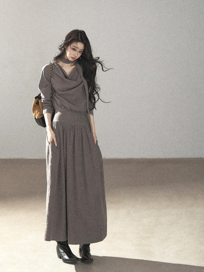 AOMALM - Gray-Purple Pleated Maxi Dress with High-Waisted Cinch Belt