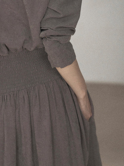 AOMALM - Gray-Purple Pleated Maxi Dress with High-Waisted Cinch Belt