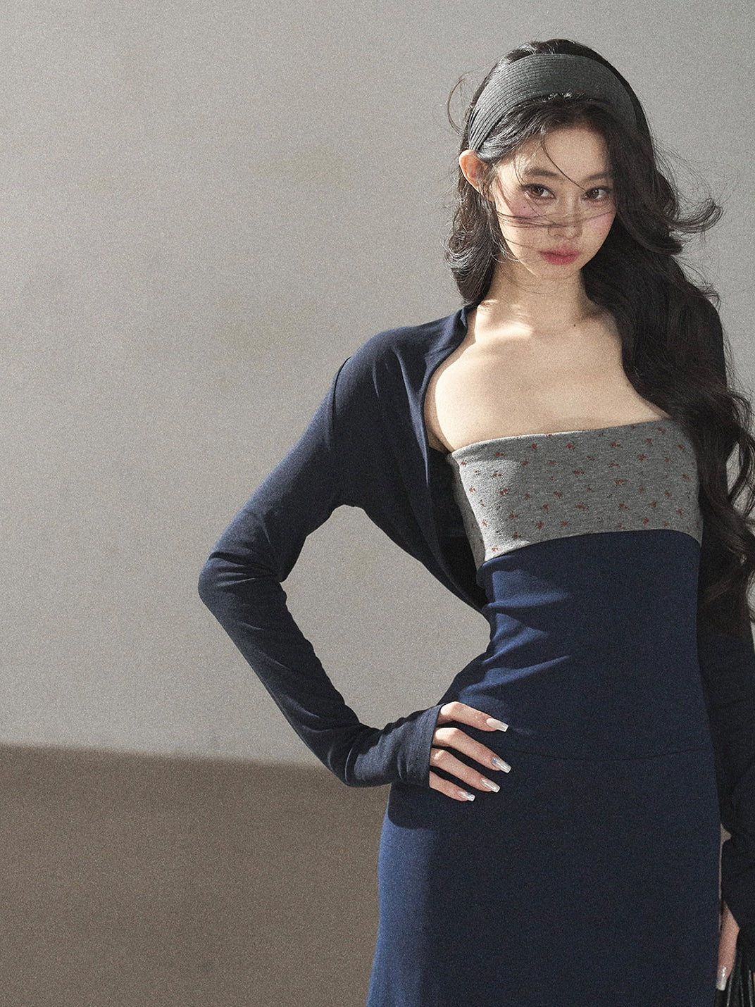 AOMALM - Iris Blue Two-Piece Dress Set – Strapless Maxi with Long Sleeve Cardigan