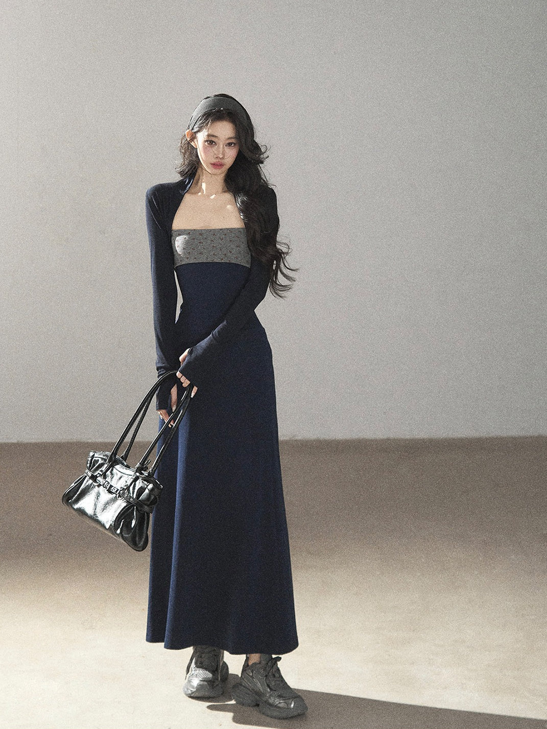 AOMALM - Iris Blue Two-Piece Dress Set – Strapless Maxi with Long Sleeve Cardigan