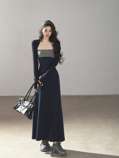 AOMALM - Iris Blue Two-Piece Dress Set – Strapless Maxi with Long Sleeve Cardigan