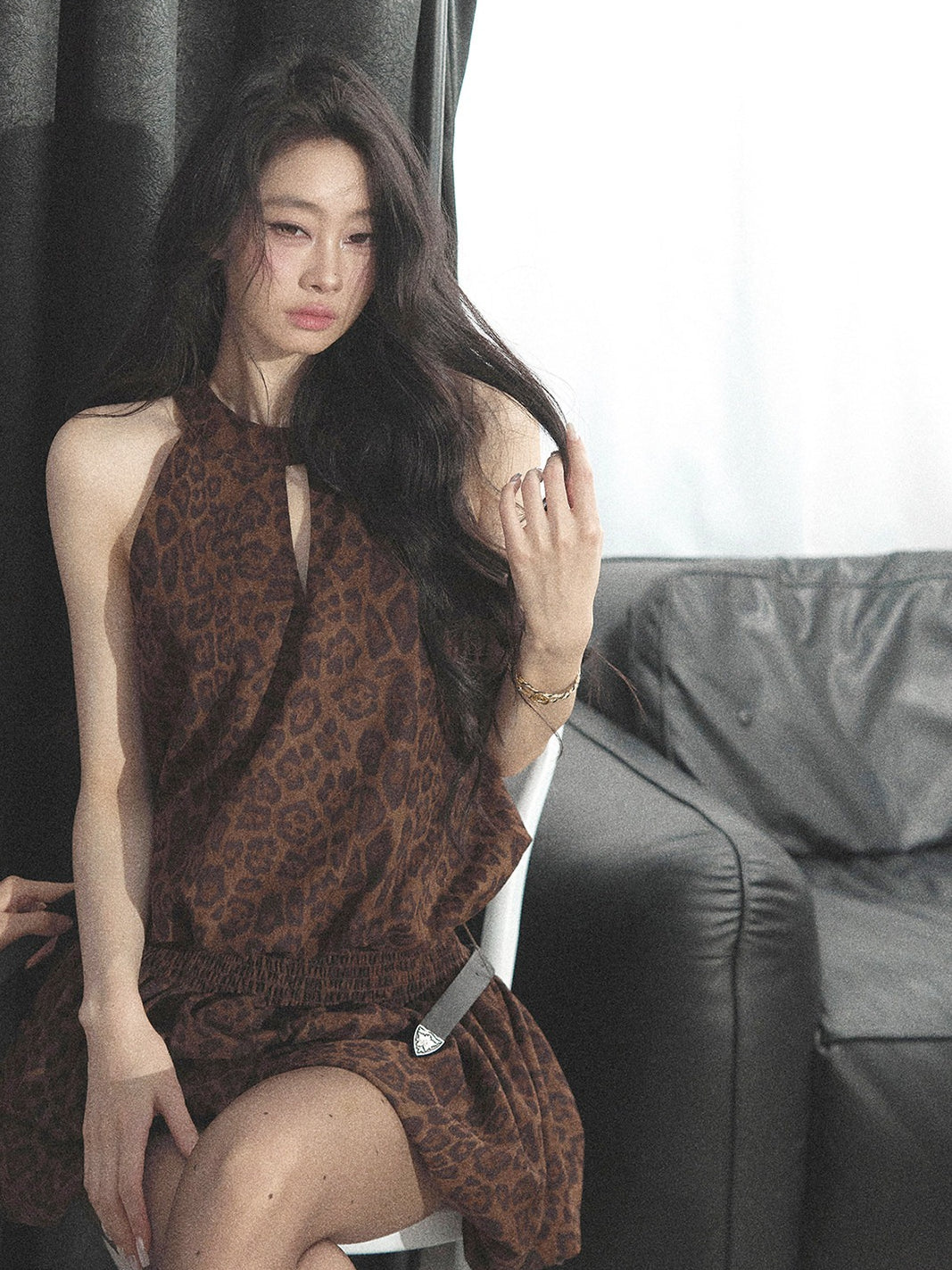 AOMALM - Merlot Leopard Print Bubble Sleeve Dress with Vintage Belt