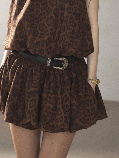 AOMALM - Merlot Leopard Print Bubble Sleeve Dress with Vintage Belt
