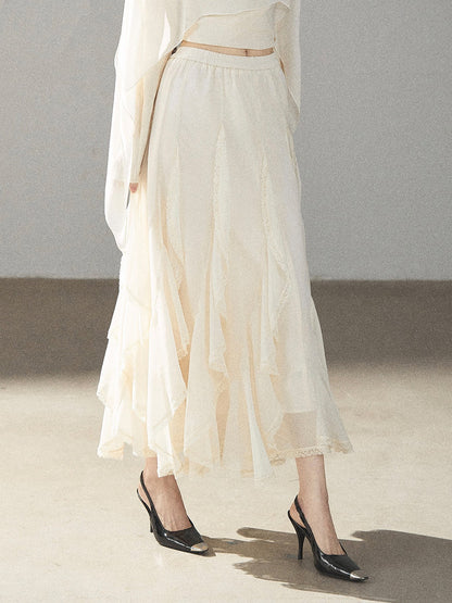 AOMALM - Cloud-Shaped French Lace Ruffle Midi Skirt – Elegant Autumn Maxi