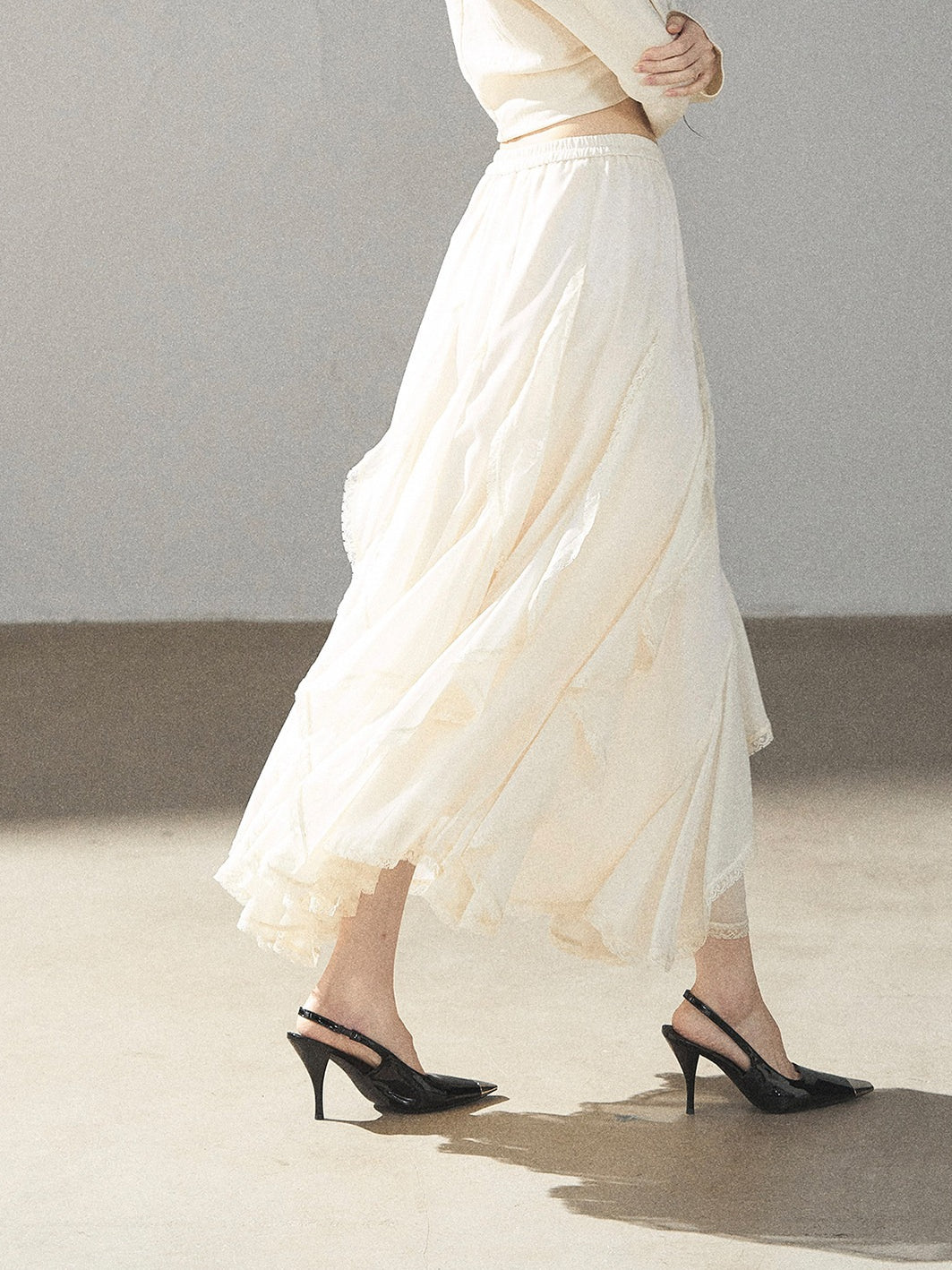 AOMALM - Cloud-Shaped French Lace Ruffle Midi Skirt – Elegant Autumn Maxi