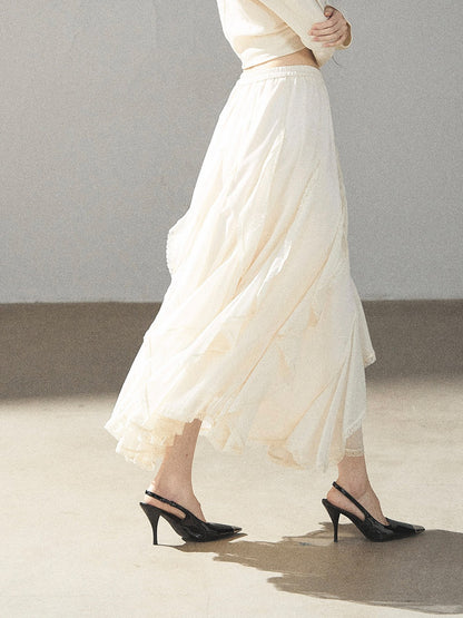 AOMALM - Cloud-Shaped French Lace Ruffle Midi Skirt – Elegant Autumn Maxi