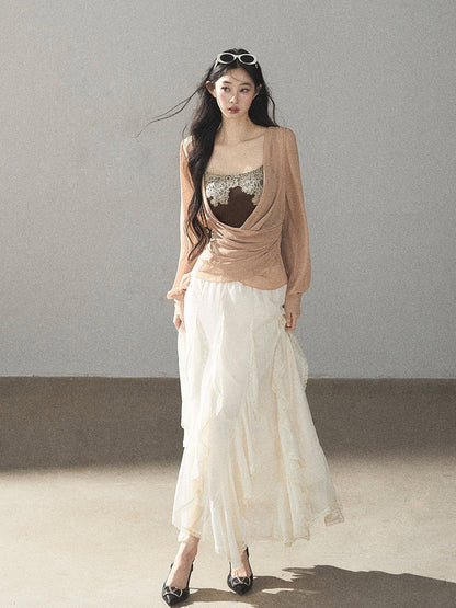 AOMALM - Cloud-Shaped French Lace Ruffle Midi Skirt – Elegant Autumn Maxi