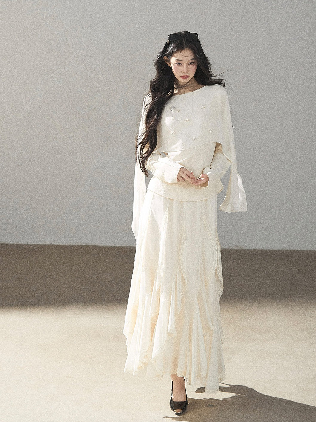 AOMALM - Cloud-Shaped French Lace Ruffle Midi Skirt – Elegant Autumn Maxi