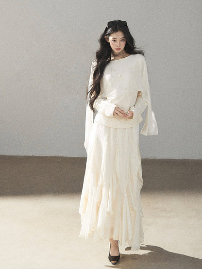 AOMALM - Cloud-Shaped French Lace Ruffle Midi Skirt – Elegant Autumn Maxi