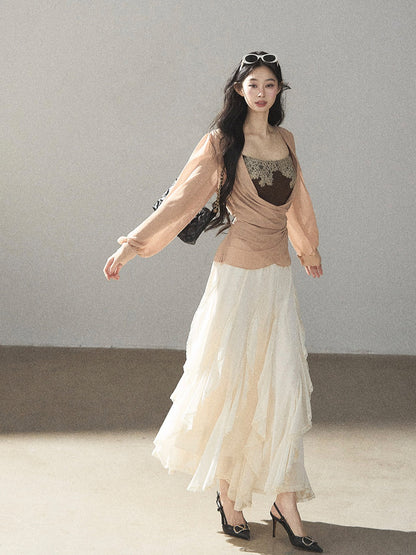 AOMALM - Cloud-Shaped French Lace Ruffle Midi Skirt – Elegant Autumn Maxi