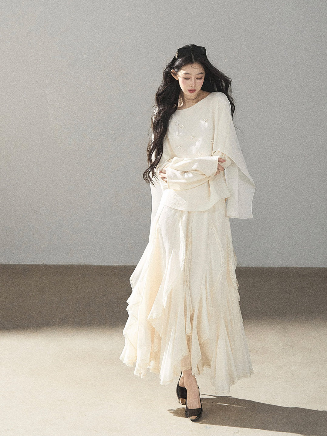 AOMALM - Cloud-Shaped French Lace Ruffle Midi Skirt – Elegant Autumn Maxi