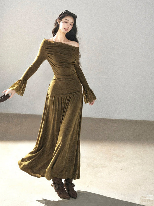 AOMALM - Terracotta Brown Lace Trim Knit Top and Maxi Skirt Set