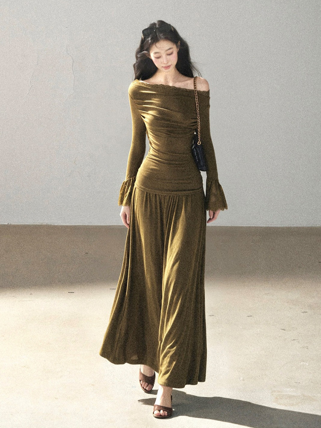 AOMALM - Terracotta Brown Lace Trim Knit Top and Maxi Skirt Set