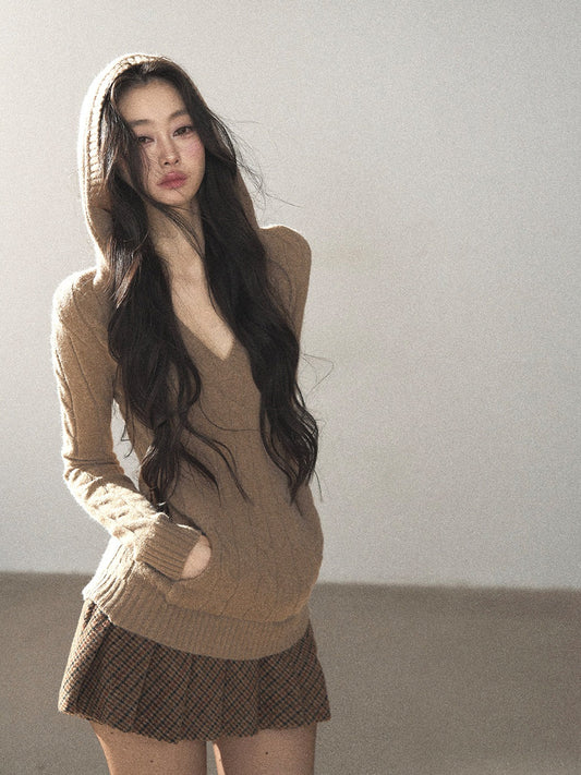 AOMALM - Oatmeal Hooded Deep V-Neck Cable Knit Top