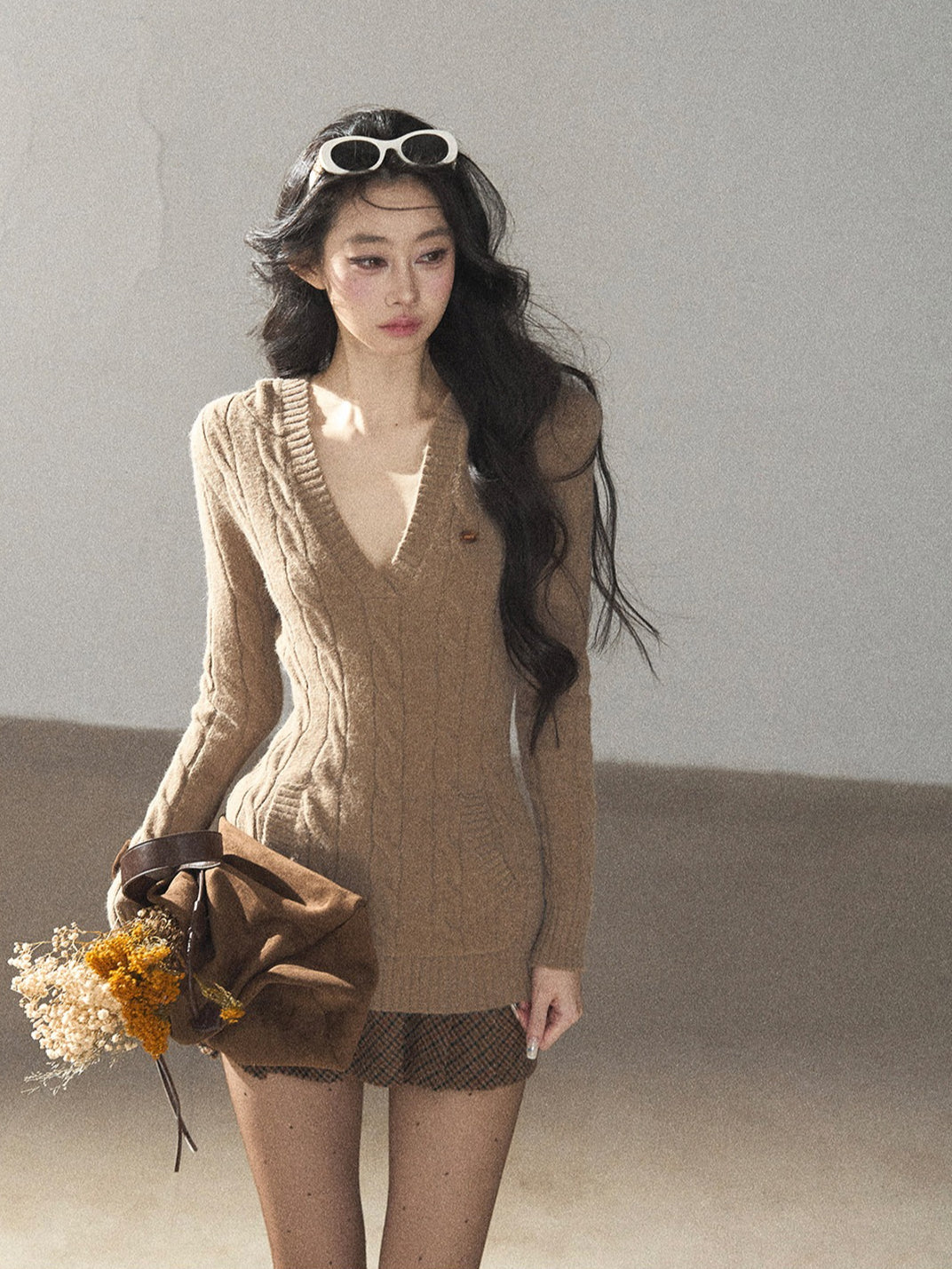 AOMALM - Oatmeal Hooded Deep V-Neck Cable Knit Top