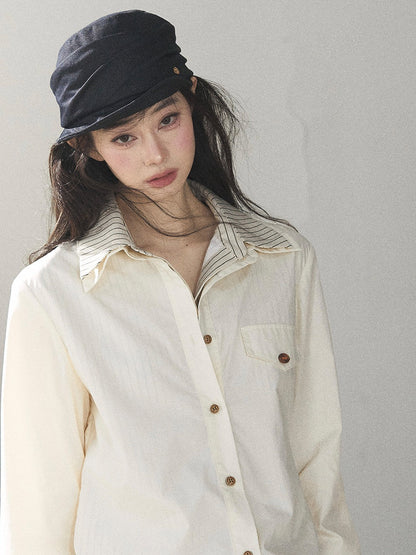 AOMALM - Cream White Stripe Belted Shirt Top