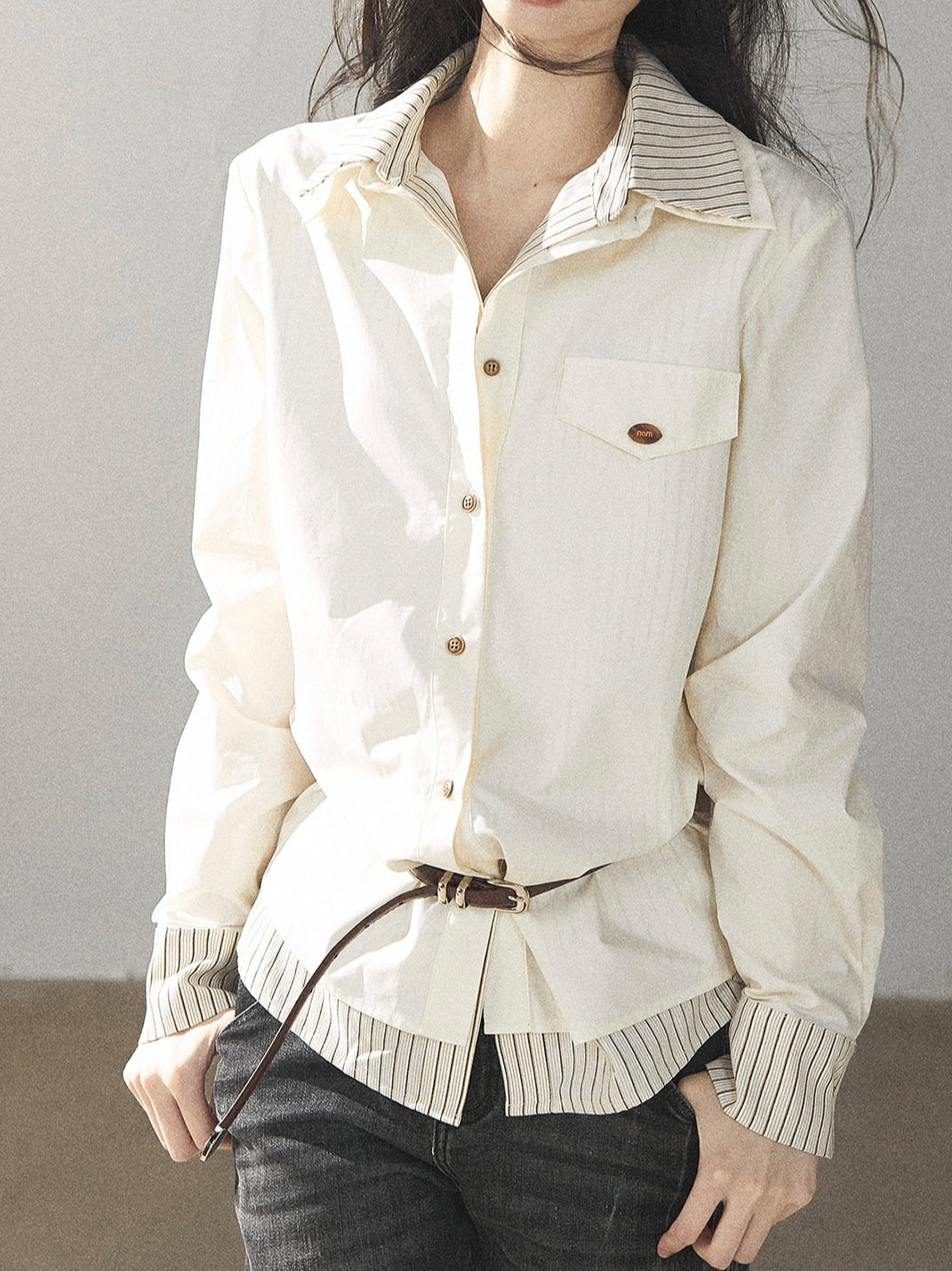 AOMALM - Cream White Stripe Belted Shirt Top