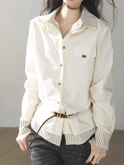 AOMALM - Cream White Stripe Belted Shirt Top