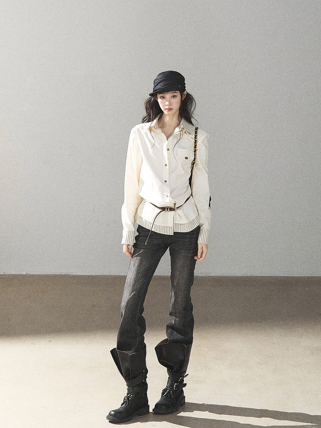 AOMALM - Cream White Stripe Belted Shirt Top