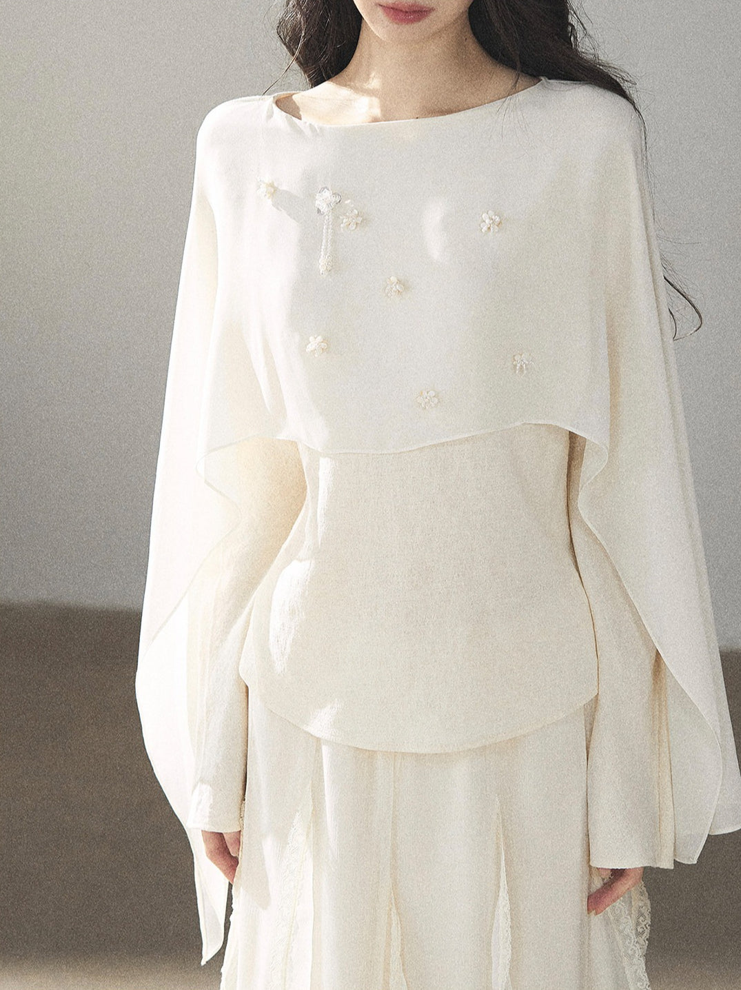 AOMALM - Layered Chiffon Shawl Top with Floral Detail