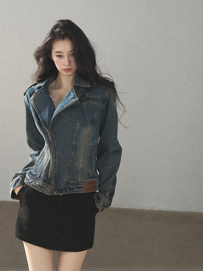 AOMALM - Vintage Blue Cropped Fitted Denim Jacket