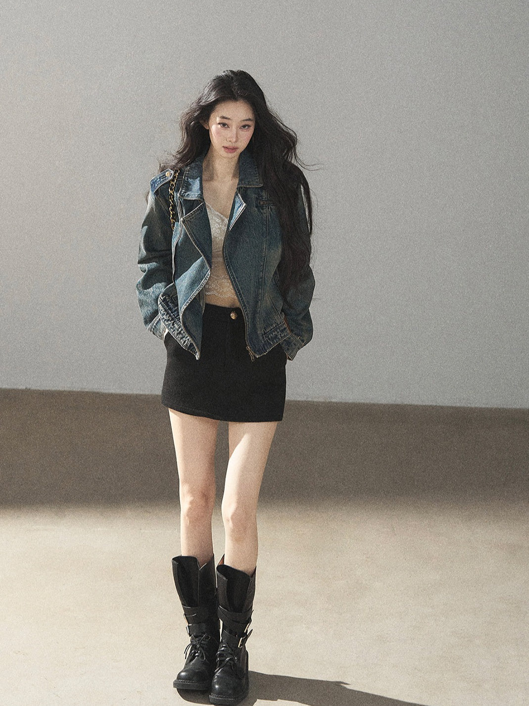 AOMALM - Vintage Blue Cropped Fitted Denim Jacket
