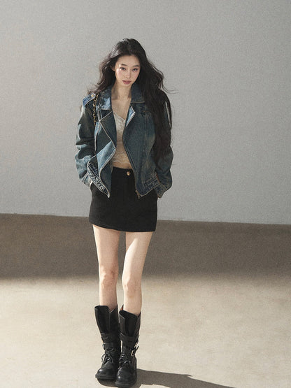 AOMALM - Vintage Blue Cropped Fitted Denim Jacket