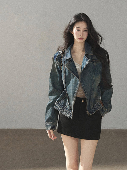 AOMALM - Vintage Blue Cropped Fitted Denim Jacket