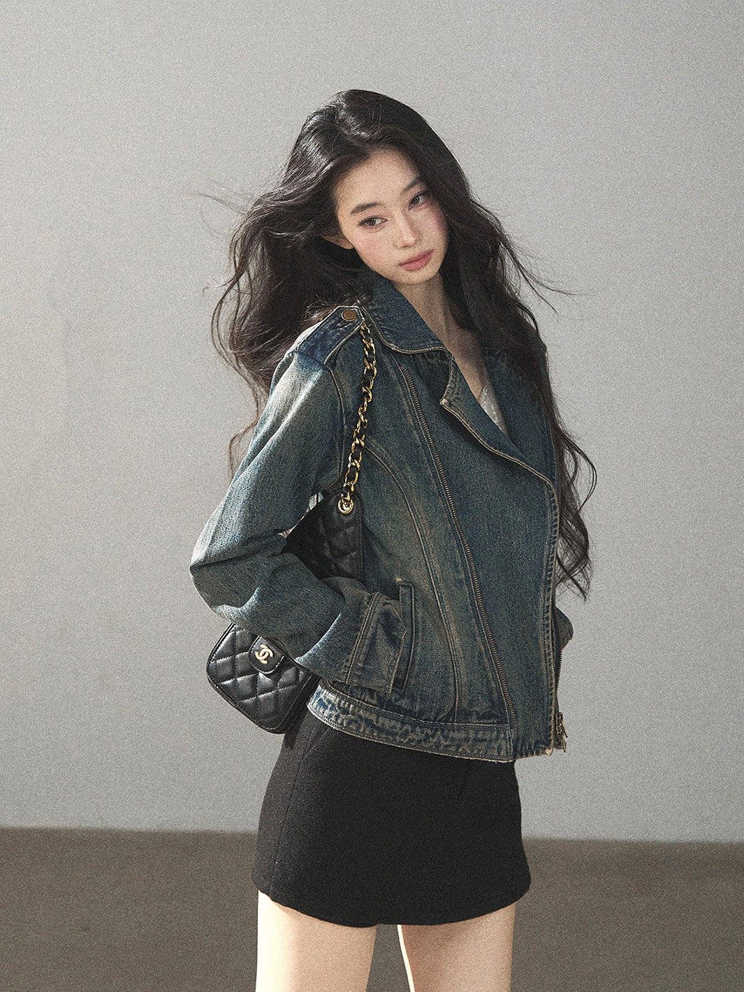 AOMALM - Vintage Blue Cropped Fitted Denim Jacket