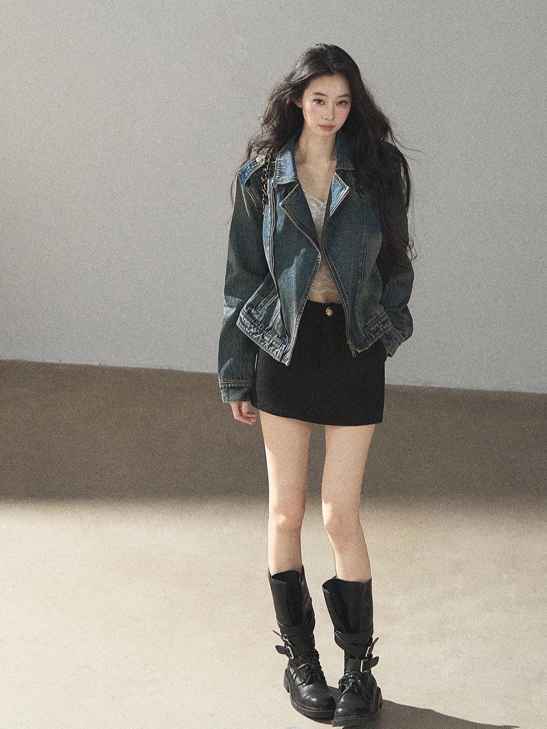 AOMALM - Vintage Blue Cropped Fitted Denim Jacket