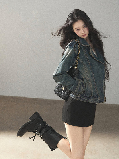 AOMALM - Vintage Blue Cropped Fitted Denim Jacket