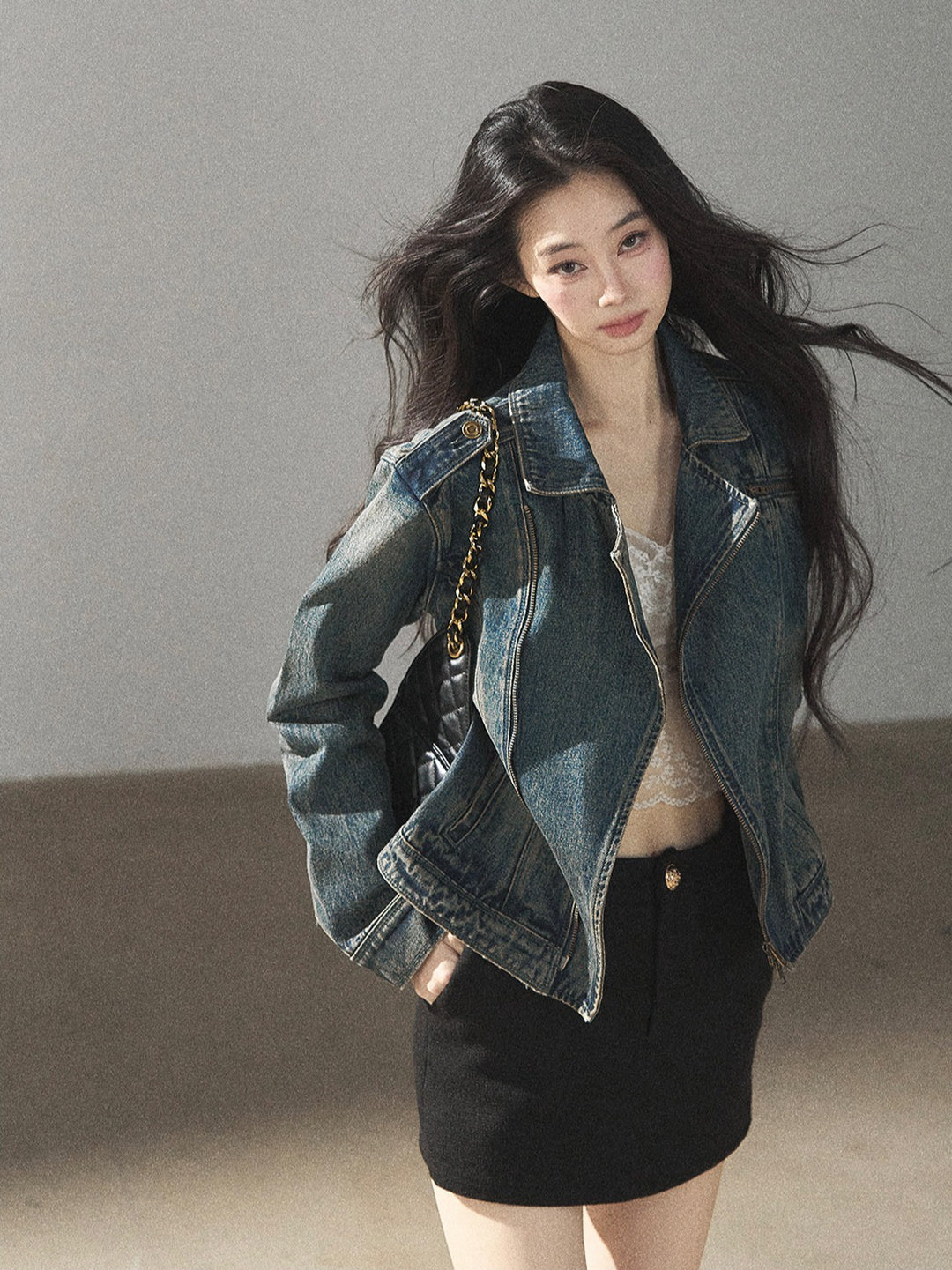 AOMALM - Vintage Blue Cropped Fitted Denim Jacket